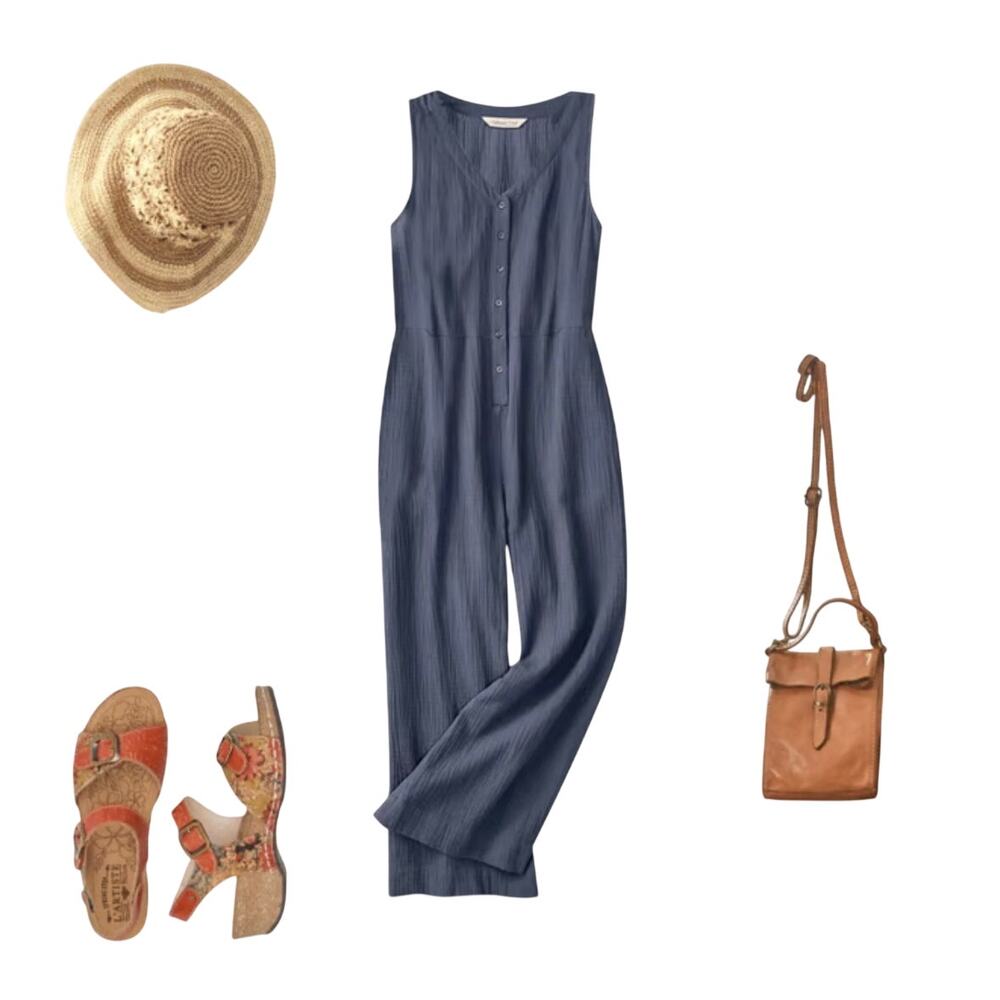 Coldwater Creek 1X Summer Breeze 100% Cotton Jumpsuit Ranch Blue Casual Coastal